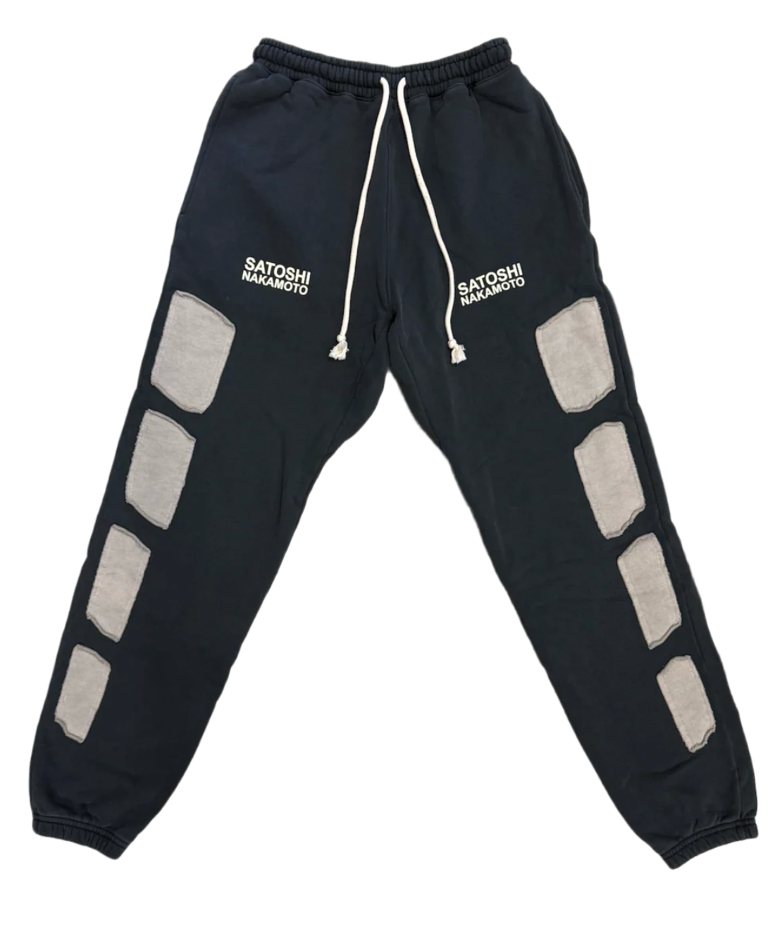 SATOSHI NAKAMOTO 'DESTROYED BLACK' PATCHWORK MOTO SWEATPANTS