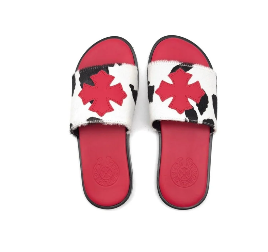 Chrome Hearts Red Plus Patch Pony Hair Cow Slide Slippers